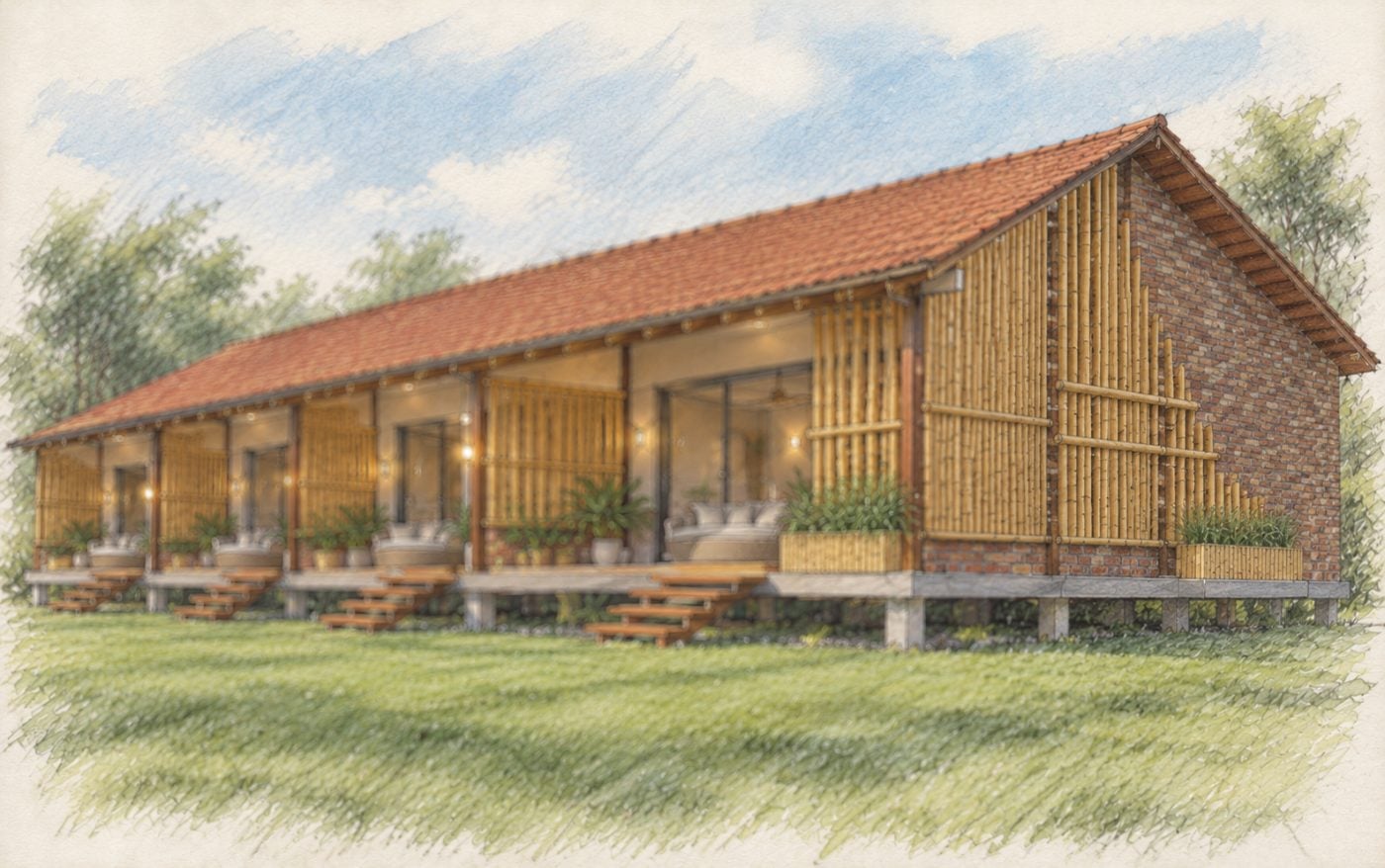 Watercolour sketch of Lodge 1, a single-level brick lodge with bamboo screens and a row of private terraces