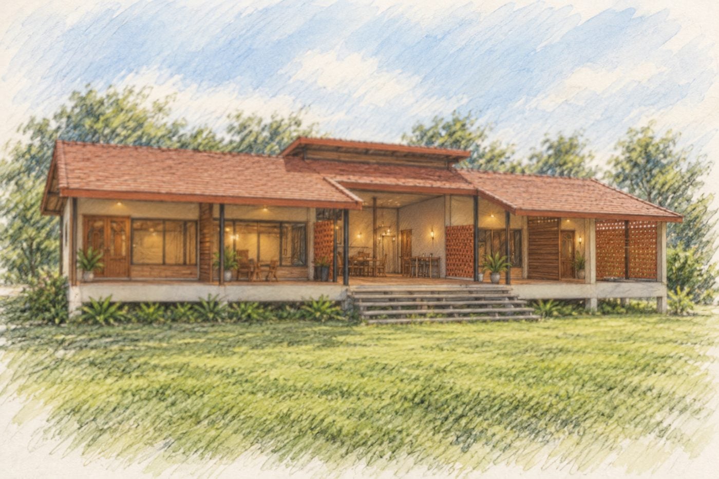 Watercolour sketch of Lodge 2, a spacious single-level brick lodge with a long covered veranda facing the mountain