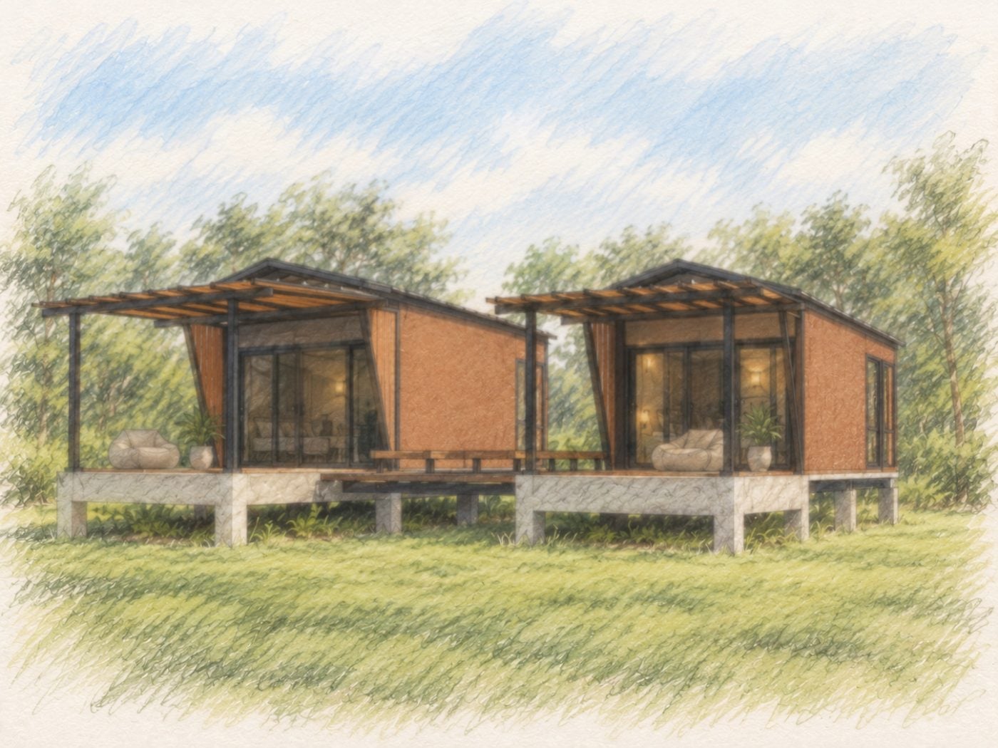 Watercolour sketch of the Studio, a pair of cabins with private front decks set among trees