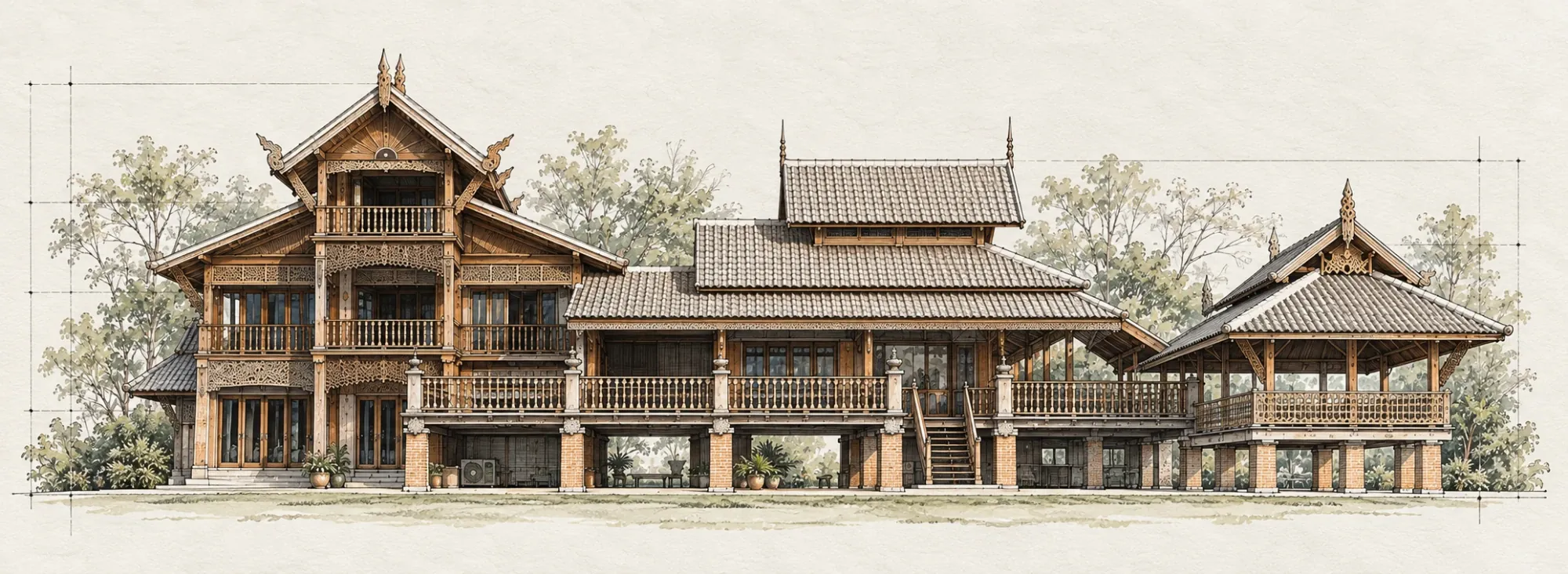 Illustrated elevation of the traditional teak villa: a three-storey wing, a long hall with a front terrace and stair, and a raised dining pavilion