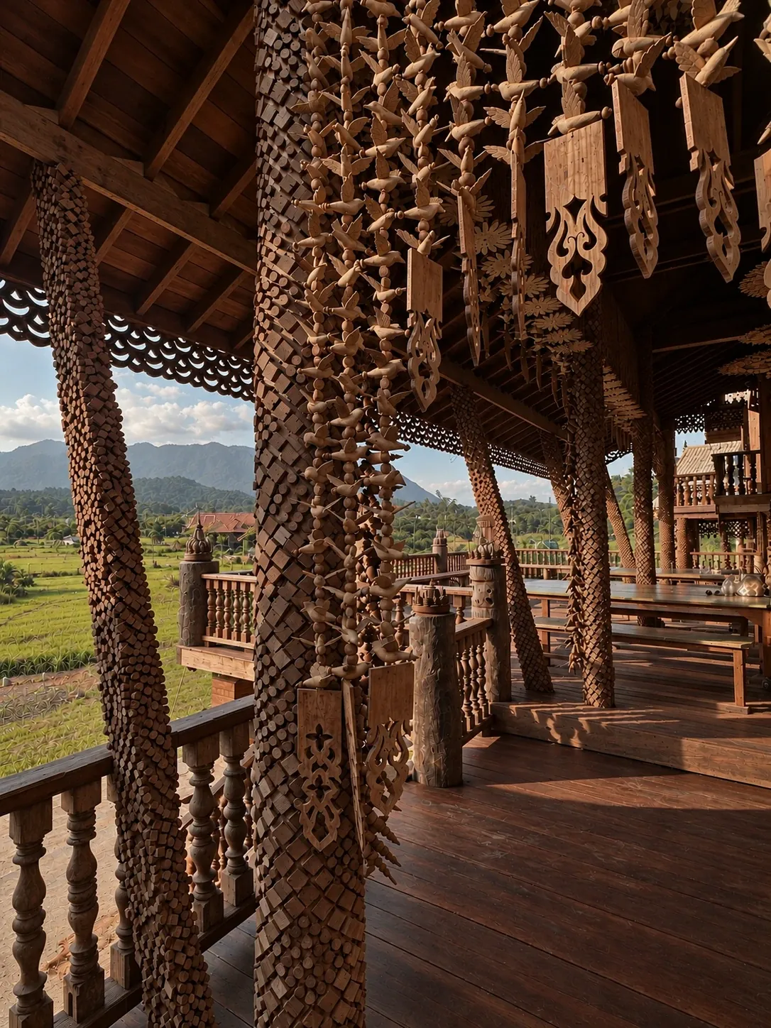 Shaded teak verandah with scale-patterned columns, hanging carved birds and pendants, and a long dining table beyond
